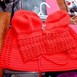 Elegant Red Crochet Skirt Set